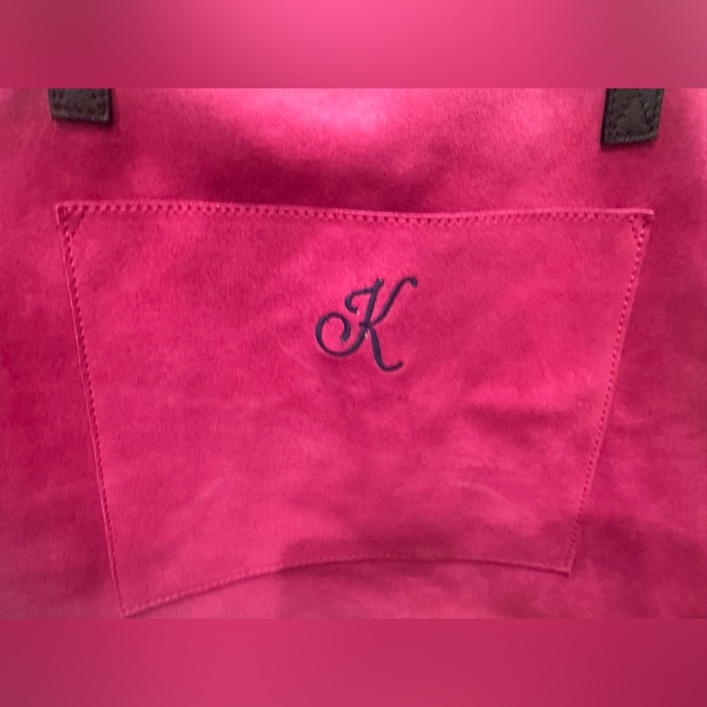 Mark & Graham Boho Tote Hot Pink Fuchsia Suede leather Handbag Purse Monogram K - Picture 2 of 9
